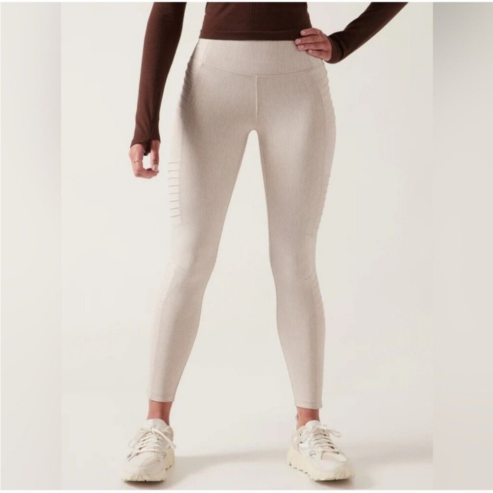 Athleta Delancey Taupe Cream Textured Moto Zip Ankle Tight Leggings Size L
